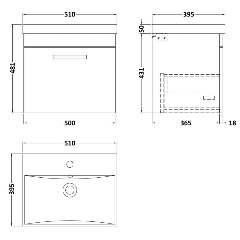 Cape 500mm Wall Hung Single Drawer Vanity Unit & Thin Edge Basin - Gloss Grey