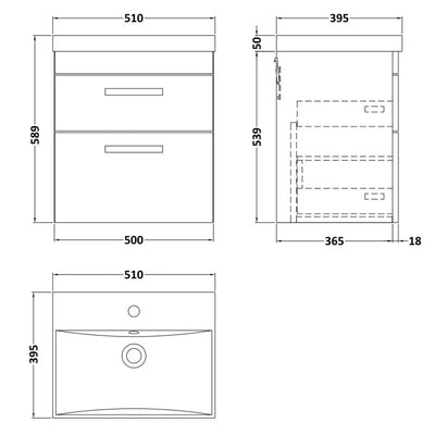 Cape 500mm Wall Hung 2 Drawer Vanity Unit & Thin Edge Basin - Anthracite Woodgrain