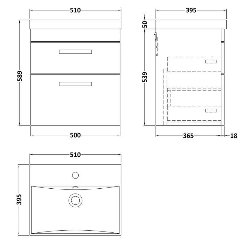 Cape 500mm Wall Hung 2 Drawer Vanity Unit & Thin Edge Basin - Charcoal Black