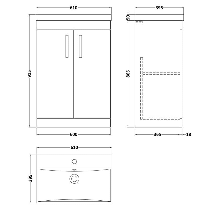 Cape 600mm Floor Standing 2 Door Vanity Unit & Thin Edge Basin - Anthracite Woodgrain