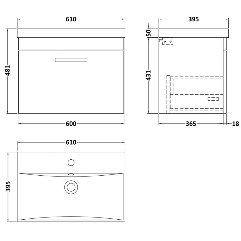 Cape 600mm Wall Hung Single Drawer Vanity Unit & Thin Edge Basin - Anthracite Woodgrain