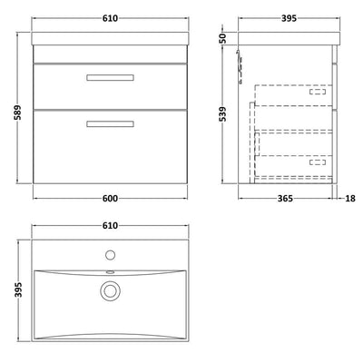Cape 600mm Wall Hung 2 Drawer Vanity Unit & Thin Edge Basin - Anthracite Woodgrain