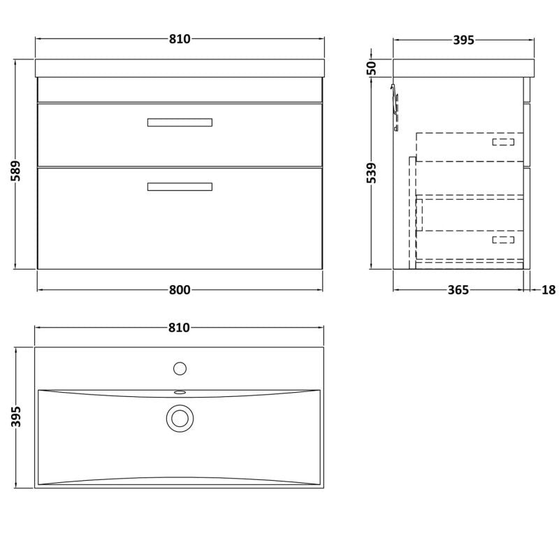 Cape 800mm Wall Hung 2 Drawer Vanity Unit & Thin Edge Basin - Anthracite Woodgrain