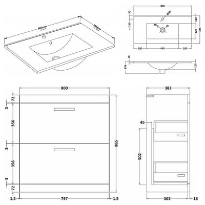 Cape 800mm Floor Standing 2 Drawer Vanity Unit & Minimalist Basin - Gloss Grey