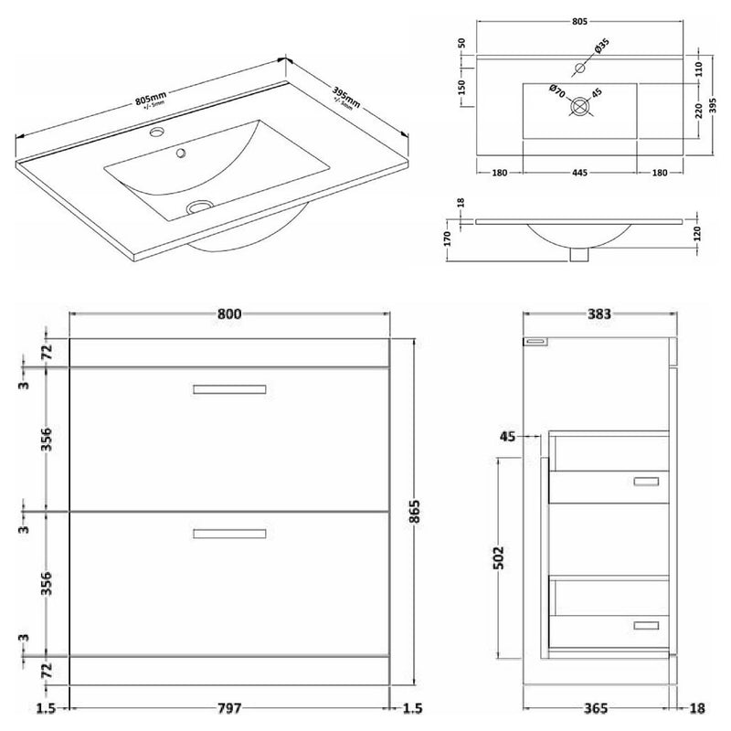 Cape 800mm Floor Standing 2 Drawer Vanity Unit & Minimalist Basin - Gloss Grey