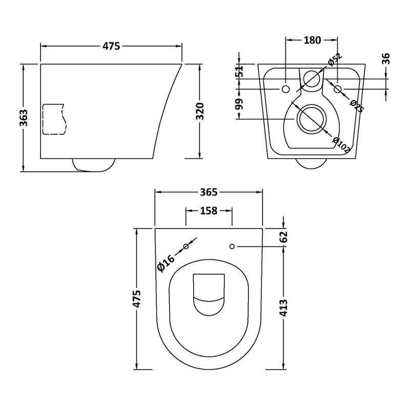Nuie Freya Rimless Wall Hung Toilet & Soft Close Seat - 475mm Projection