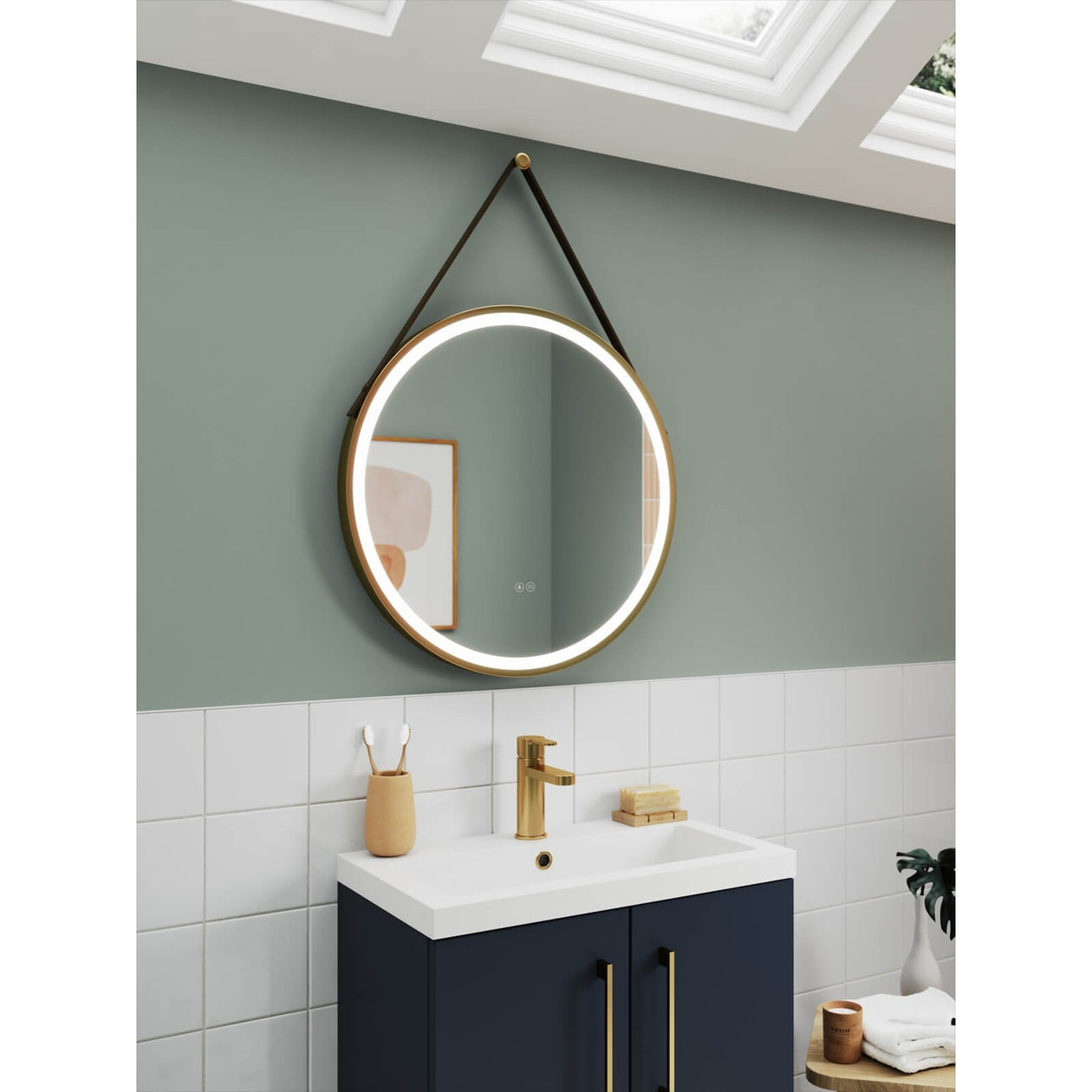 Hudson Reed Salana Brushed Brass Framed LED Touch Sensor Mirror With Brown Strap - 800 x 800mm