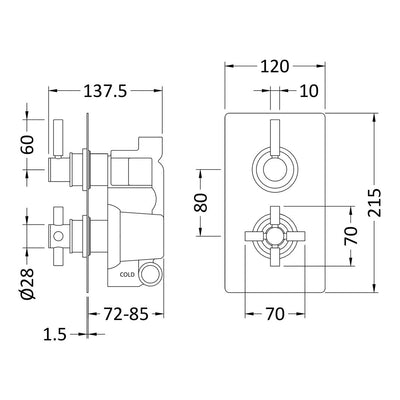 Hudson Reed Tec Lever 1 Outlet Twin Handle Concealed Thermostatic Shower Valve - Chrome