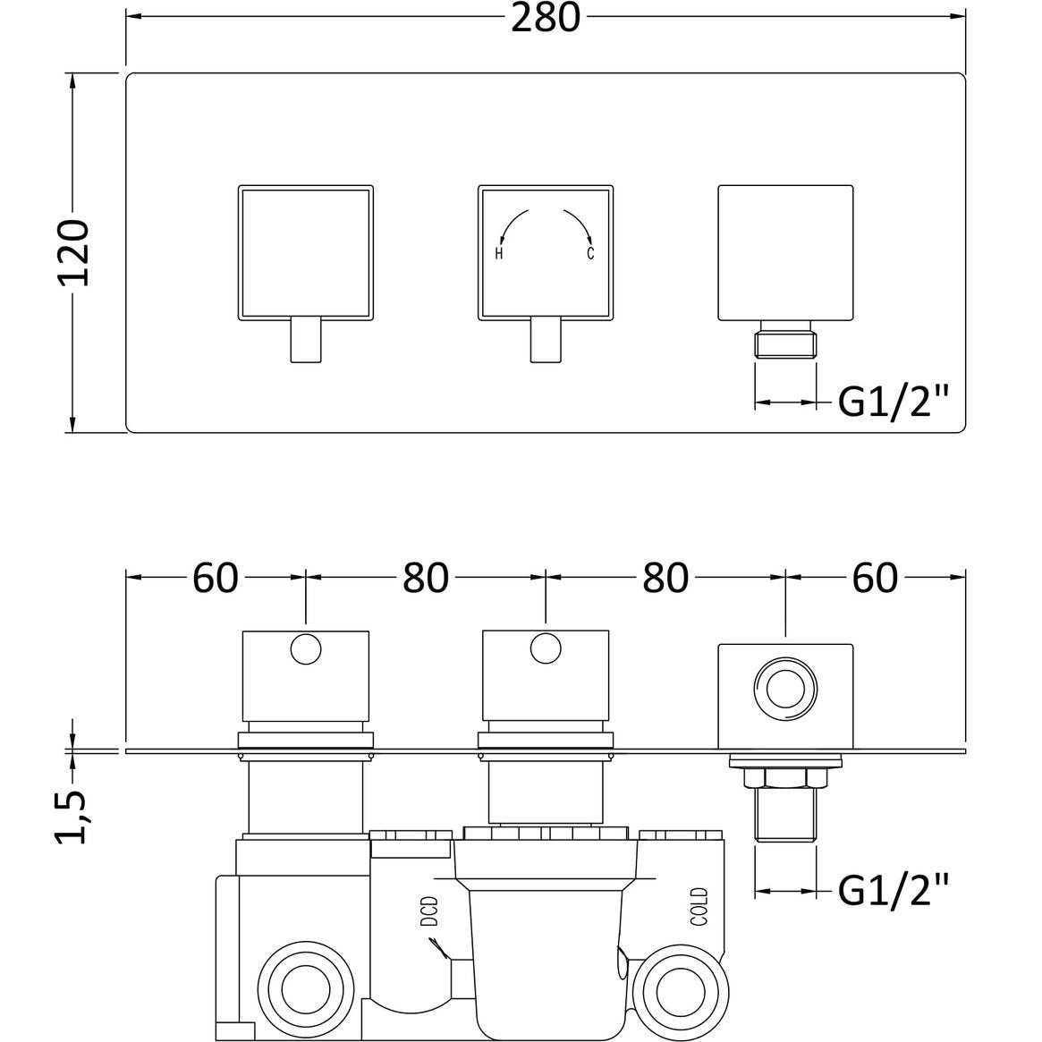 Jenson Square 2 Outlet Concealed Thermostatic Valve With Integrated Outlet