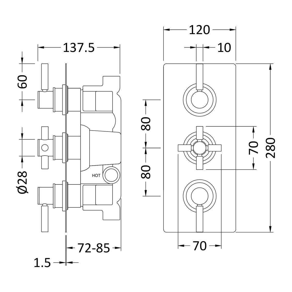 Hudson Reed Tec Lever 3 Outlet Triple Handle Concealed Thermostatic Shower Valve - Matt Black