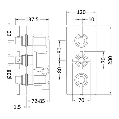 Hudson Reed Tec Lever 3 Outlet Triple Handle Concealed Thermostatic Shower Valve - Matt Black