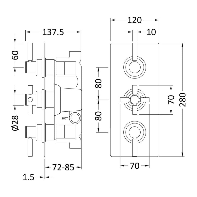 Hudson Reed Tec Lever 3 Outlet Triple Handle Concealed Thermostatic Shower Valve - Matt Black