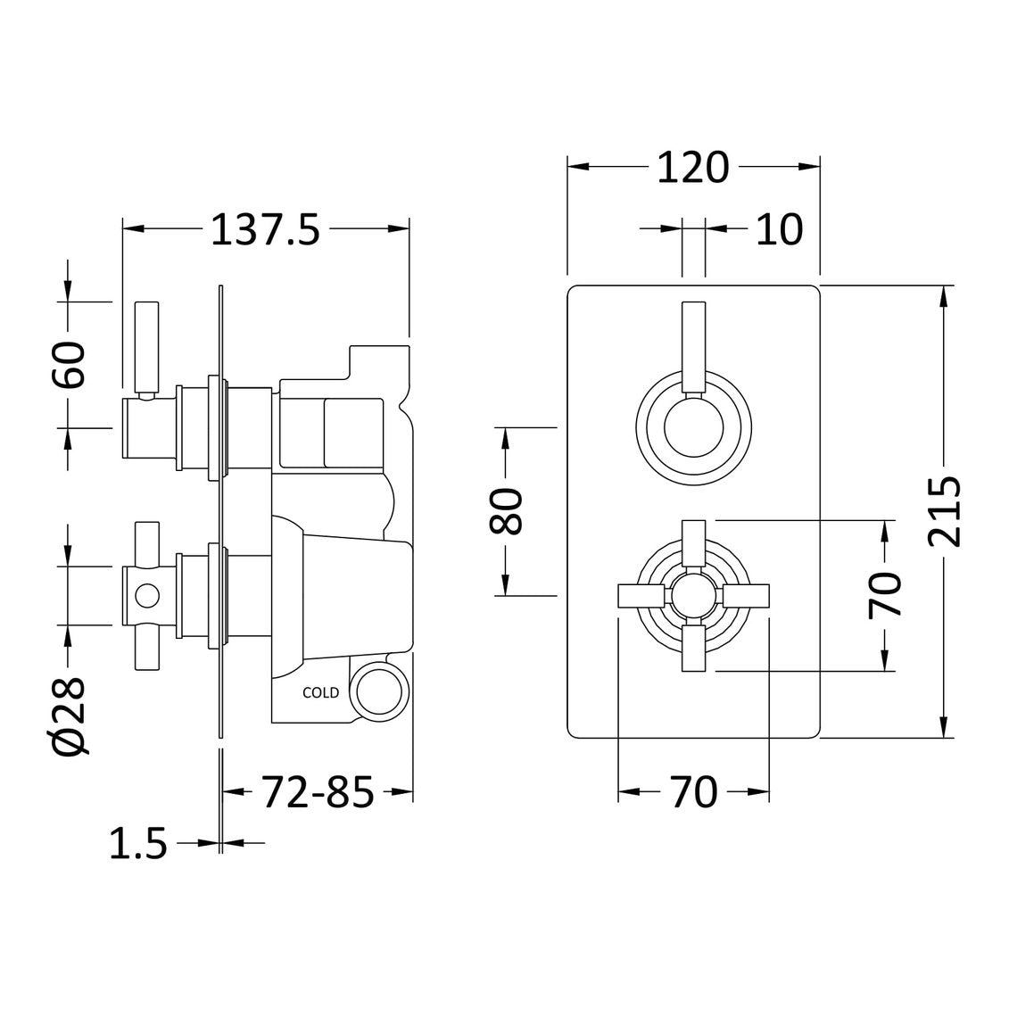 Hudson Reed Tec Lever 1 Outlet Twin Handle Concealed Thermostatic Shower Valve - Brushed Brass