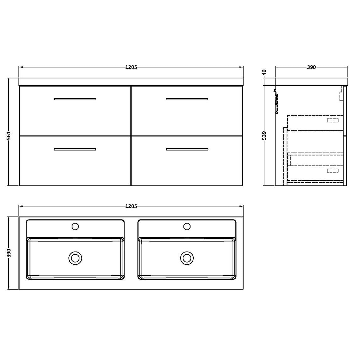 Nuie Arno 1200 x 383mm Wall Hung Vanity Unit With 4 Drawers & Twin Basin