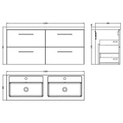 Nuie Arno 1200 x 383mm Wall Hung Vanity Unit With 4 Drawers & Twin Basin