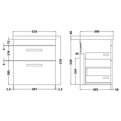 Cape 500mm Wall Hung 2 Drawer Vanity Unit & Mid-Edge Basin - Charcoal Black
