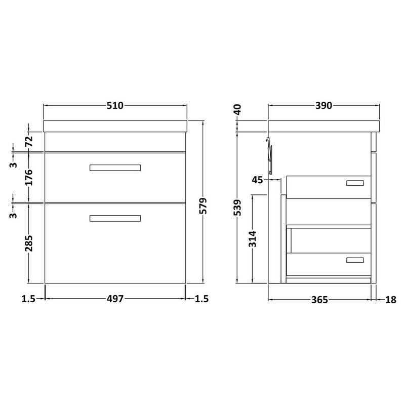 Cape 500mm Wall Hung 2 Drawer Vanity Unit & Mid-Edge Basin - Charcoal Black