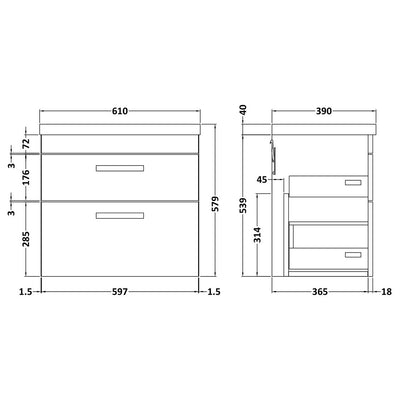 Cape 600mm Wall Hung 2 Drawer Vanity Unit & Mid-Edge Basin - Anthracite Woodgrain