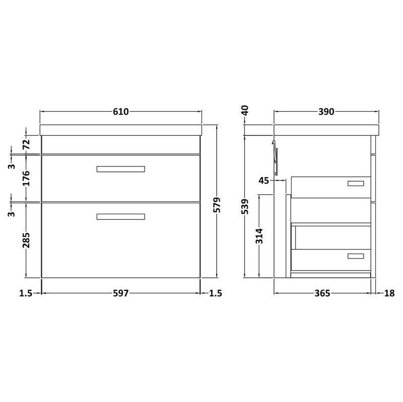 Cape 600mm Wall Hung 2 Drawer Vanity Unit & Mid-Edge Basin - Anthracite Woodgrain