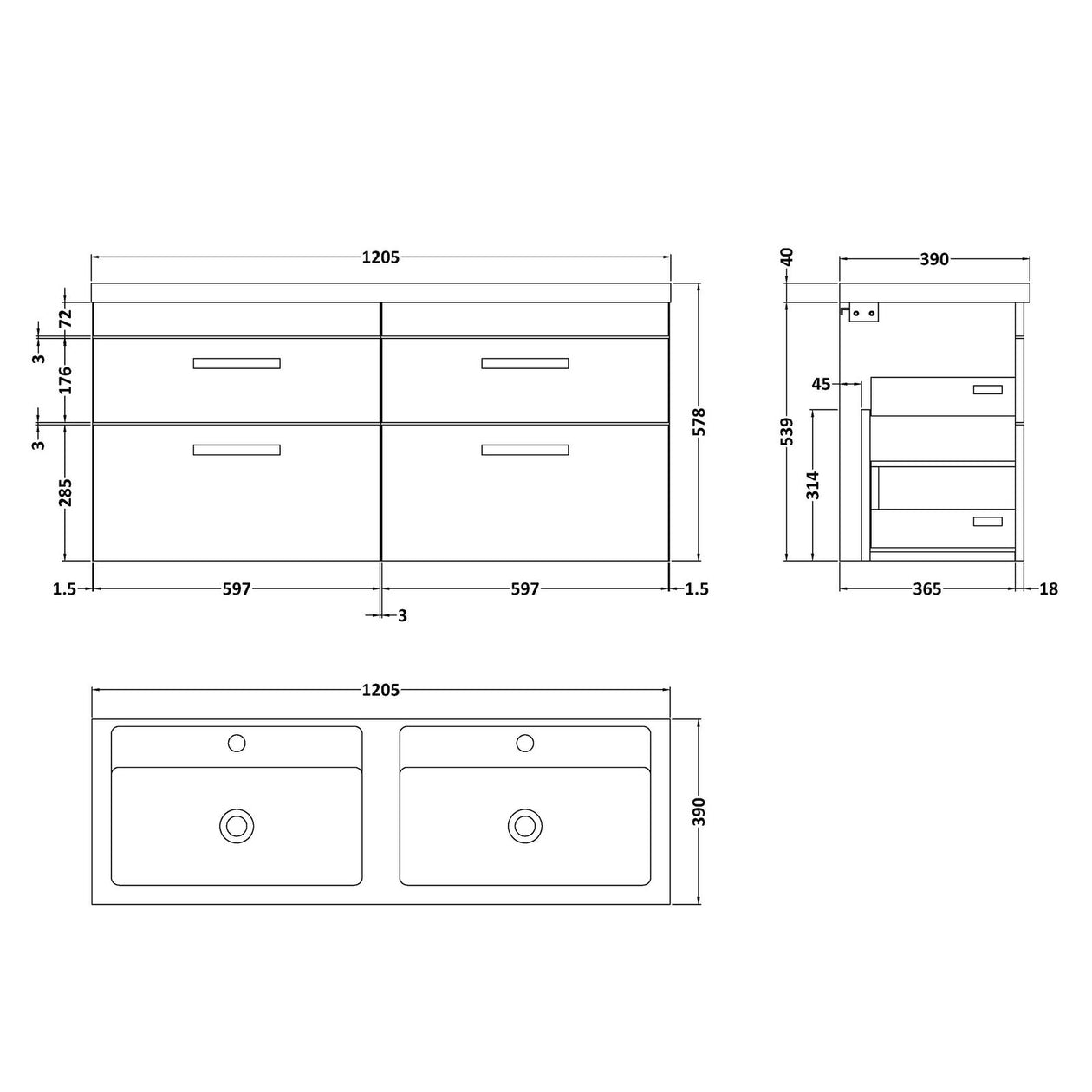 Cape 1200mm Wall Hung 4 Drawer Vanity Unit & Double Resin Basin - Charcoal Black