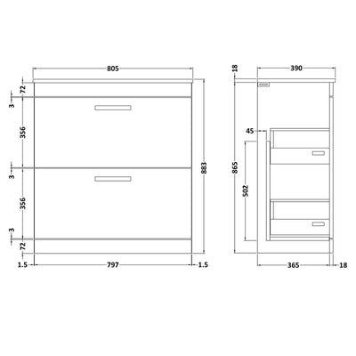 Cape 800mm Floor Standing 2 Drawer Vanity Unit & Worktop - Gloss White
