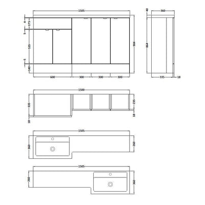 Hudson Reed Fusion 1500mm Floorstanding Combination Unit With 3 x 300mm Base Units