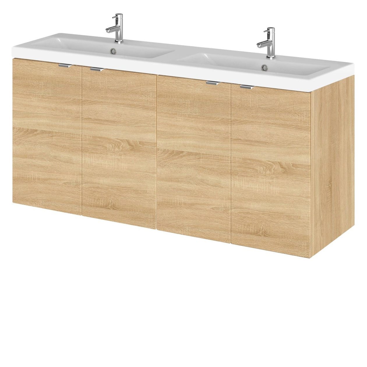 Hudson Reed Fusion Wall Hung 1200mm Vanity Unit With 4 Doors & Twin Basin - Ceramic - Natural Oak