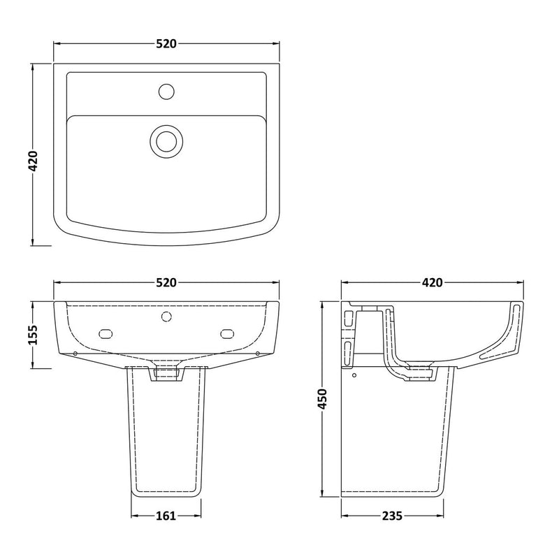 Nuie Bliss 520 x 420mm Basin & Semi Pedestal