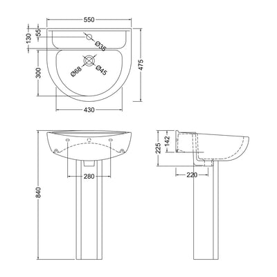 Layla 550mm Basin With 1 Tap Hole & Full Pedestal
