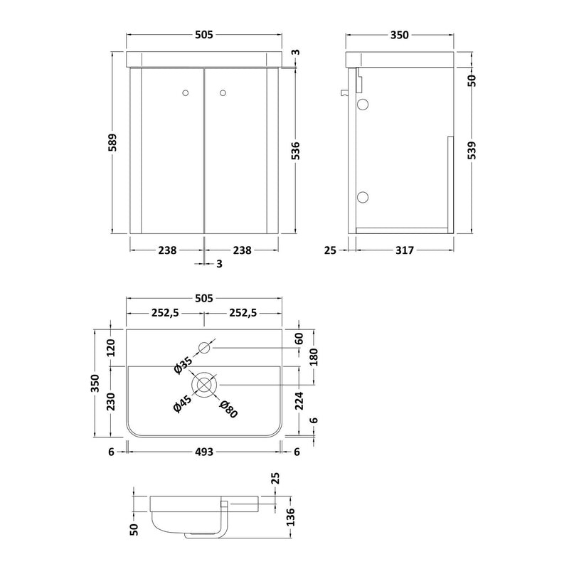 Capri 500mm Wall Hung 2 Door Unit & Basin - Gloss White