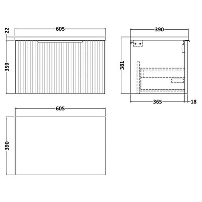 Hudson Reed Fluted Wall Hung 600mm Vanity Unit With 1 Drawer & Worktop - Satin Green