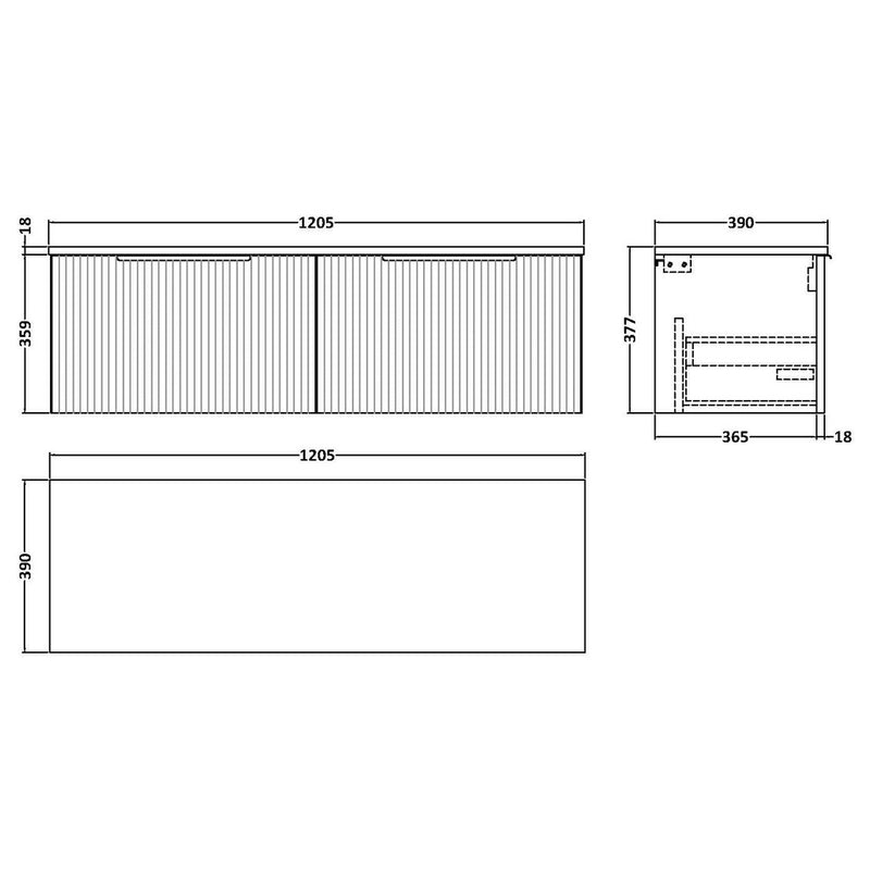 Hudson Reed Fluted Wall Hung 1200mm Vanity Unit With 2 Drawers & Worktop - Satin Blue