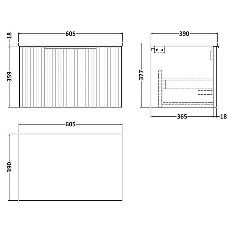 Hudson Reed Fluted Wall Hung 600mm Vanity Unit With 1 Drawer & Worktop - Satin Grey