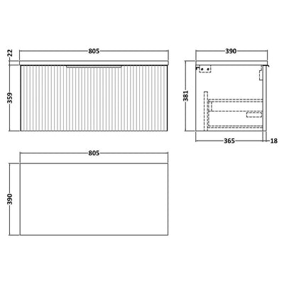 Hudson Reed Fluted Wall Hung 800mm Vanity Unit With 1 Drawer & Worktop - Satin Grey