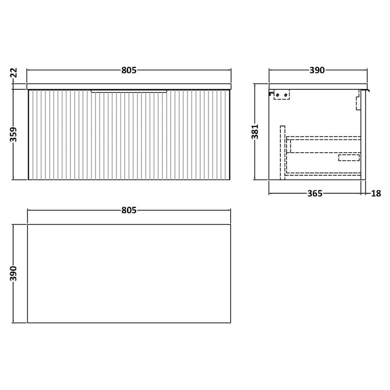 Hudson Reed Fluted Wall Hung 800mm Vanity Unit With 1 Drawer & Worktop - Satin Anthracite