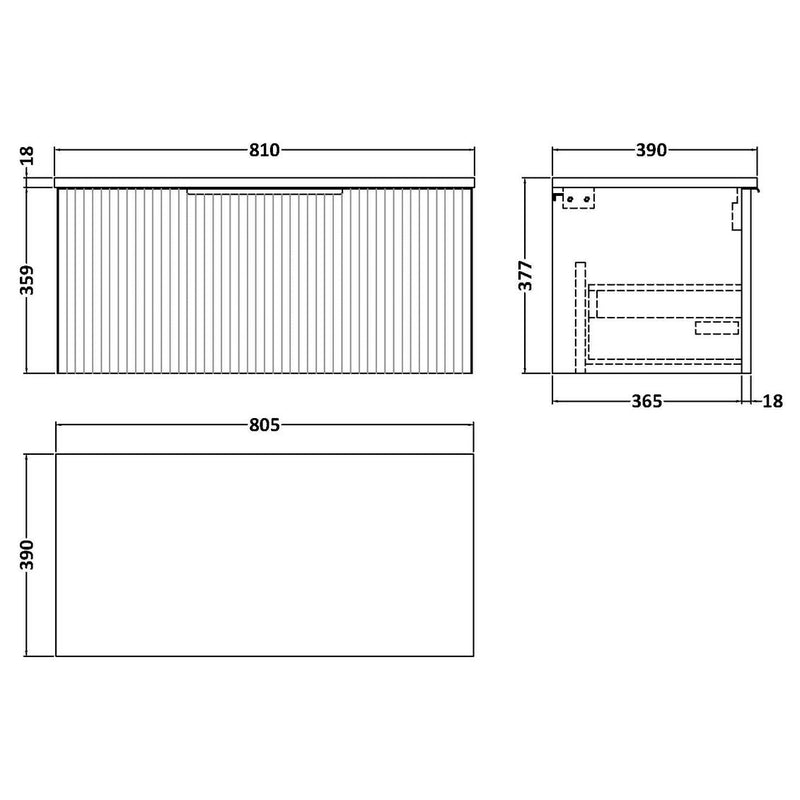 Hudson Reed Fluted Wall Hung 800mm Vanity Unit With 1 Drawer & Worktop - Satin Grey