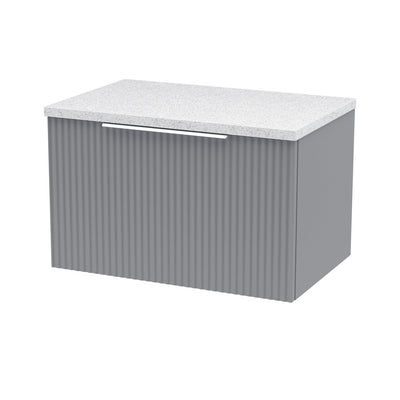 Hudson Reed Fluted Wall Hung 600mm Vanity Unit With 1 Drawer & Worktop - Satin Grey & White Sparkle Worktop