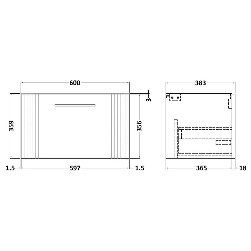 Nuie Deco 600 x 383mm Wall Hung Vanity Unit With 1 Drawer & Ceramic Basin