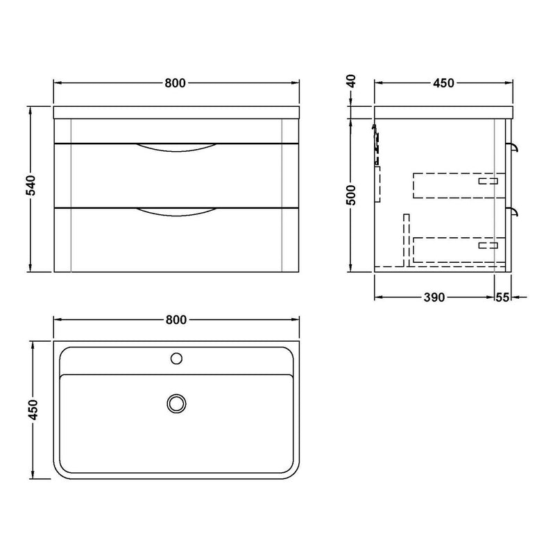 Nuie Parade 800 x 450mm Wall Hung Vanity Unit With 2 Drawers & Basin
