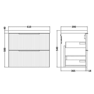 Hudson Reed Fluted Wall Hung 600mm Vanity Unit With 2 Drawers & Ceramic Basin