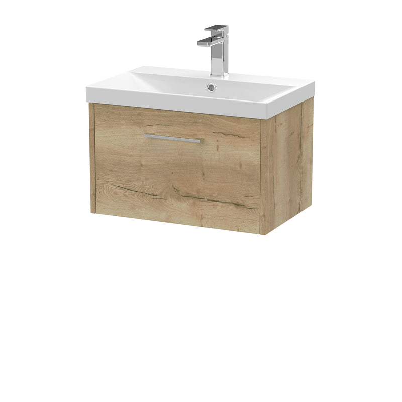 Hudson Reed Juno Wall Hung 600mm Vanity Unit With 1 Drawer & Thin Edge Ceramic Basin - Autumn Oak