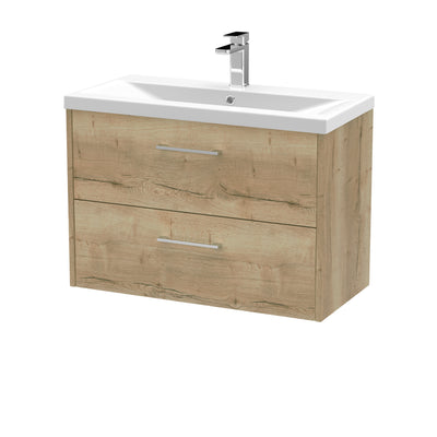 Hudson Reed Juno Wall Hung 800mm Vanity Unit With 2 Drawers & Mid-Edge Ceramic Basin - Autumn Oak