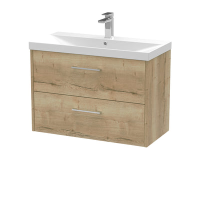 Hudson Reed Juno Wall Hung 800mm Vanity Unit With 2 Drawers & Thin Edge Ceramic Basin - Autumn Oak