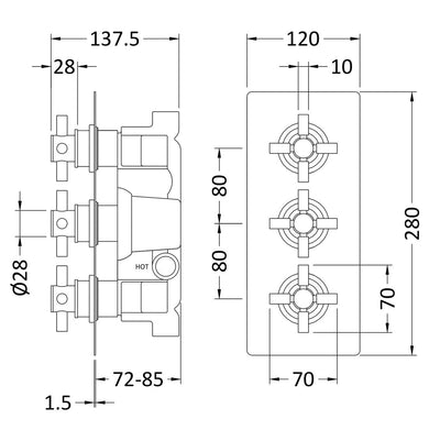 Hudson Reed Tec Cross 2 Outlet Triple Handle Concealed Thermostatic Shower Valve - Matt Black