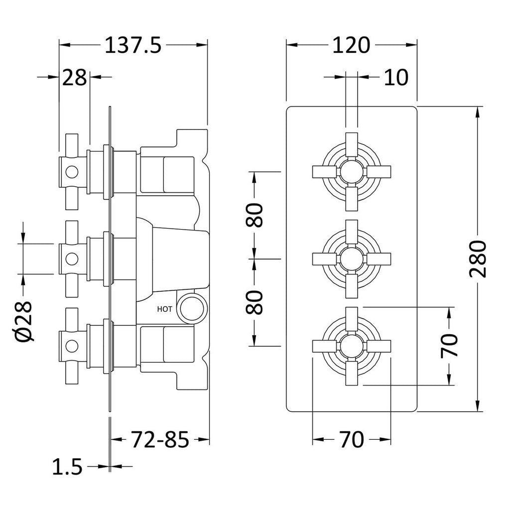 Hudson Reed Tec Cross 3 Outlet Triple Handle Concealed Thermostatic Shower Valve - Brushed Brass