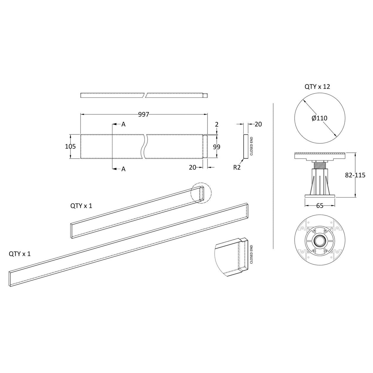 Easy Plumb Riser Kit For 1300-1800mm Rectangular Shower Trays