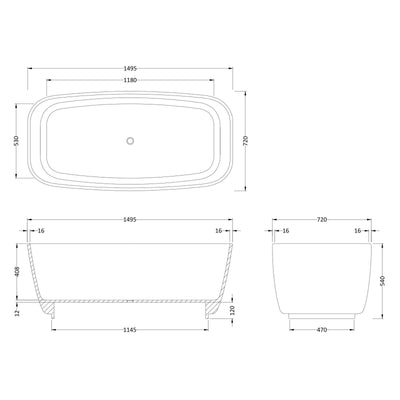 Hudson Reed Bella Square Freestanding Solid Cian Bath 1495 x 720mm - Silk Matt