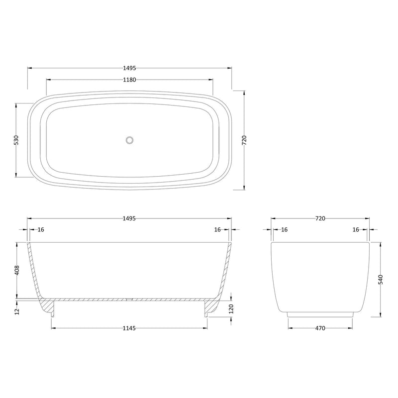 Hudson Reed Bella Square Freestanding Solid Cian Bath 1495 x 720mm - Silk Matt