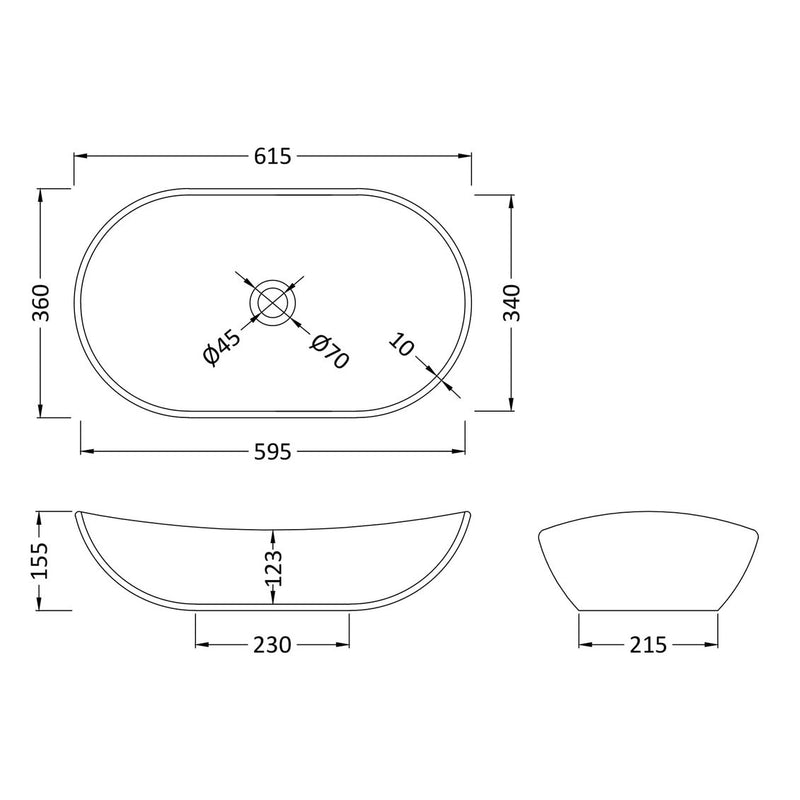 Nuie Vessel Oval Basin Without Overflow 615 x 360mm - White