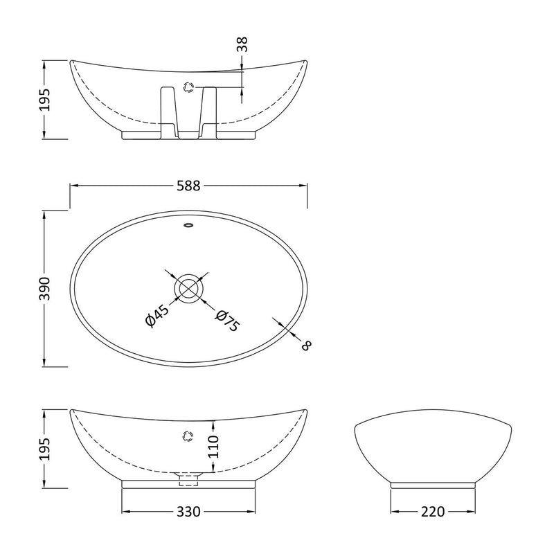 Nuie Vessel Oval Basin With Overflow 588 x 390mm - White